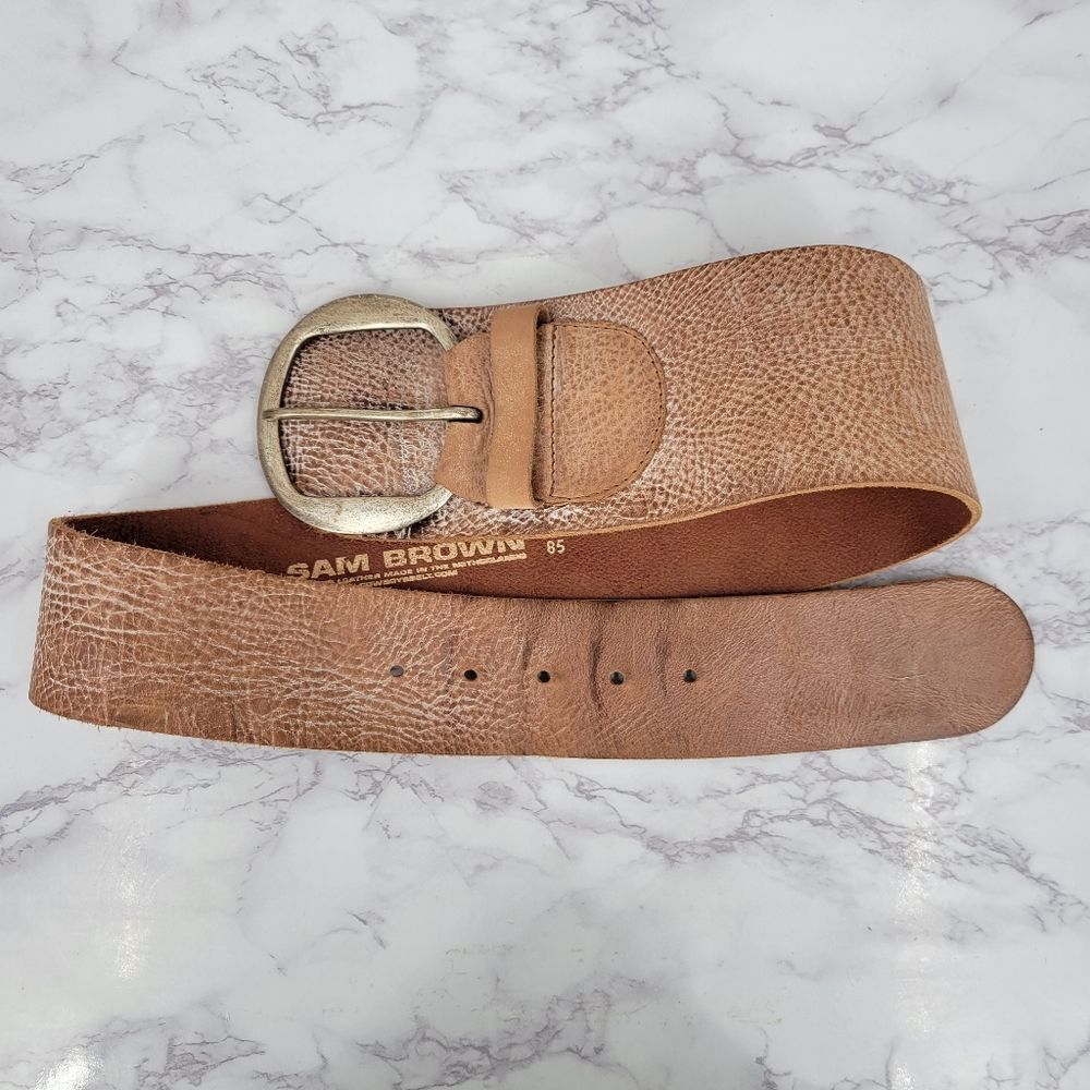 Sam Brown Wide Asymmetrical Tan Leather Belt Oversized Silver Buckle Boho - Picture 7 of 14